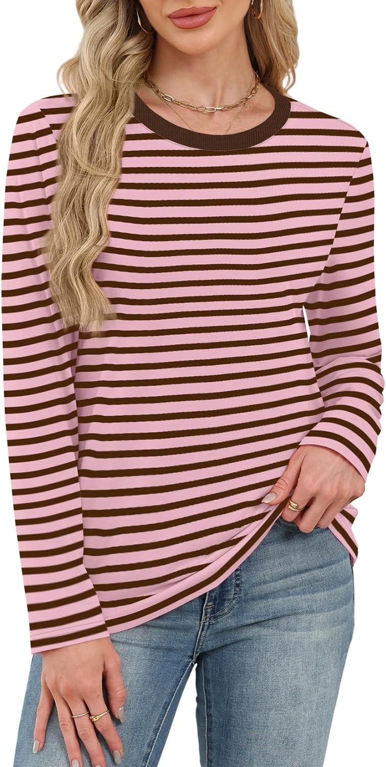 image:imageWIHOLL Womens Striped Long Sleeve Shirts Fall Outfits 2026 Color Block Tops Fashion Clothing Ribbed Crewneck Tee BlousesHrusty Rose Stripe