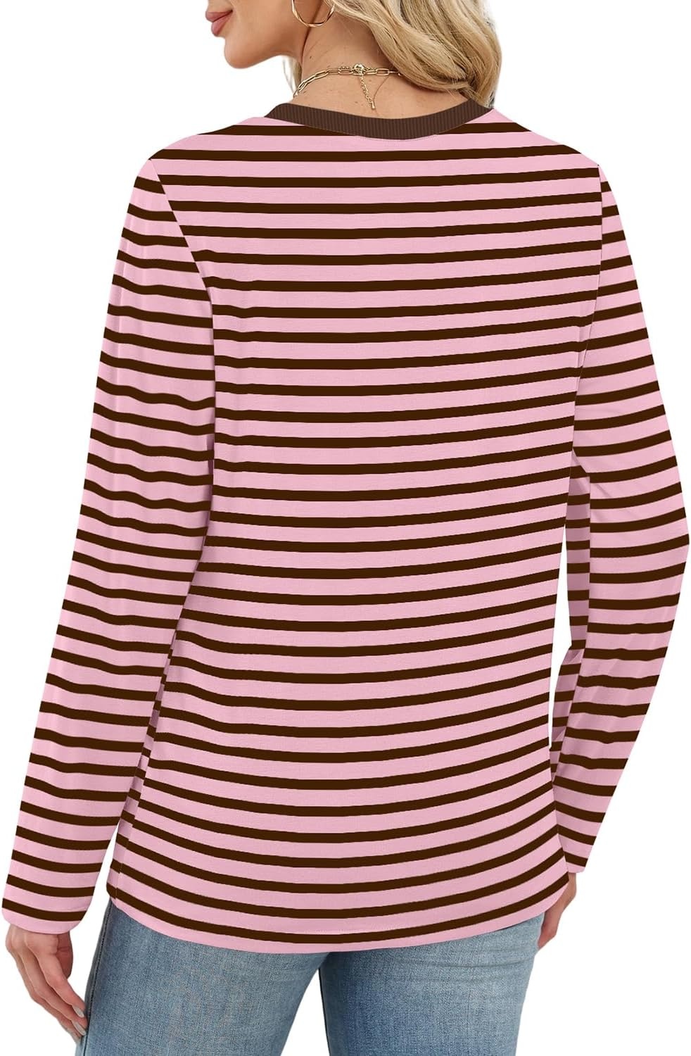 image:imageWIHOLL Womens Striped Long Sleeve Shirts Fall Outfits 2026 Color Block Tops Fashion Clothing Ribbed Crewneck Tee BlousesHrusty Rose Stripe