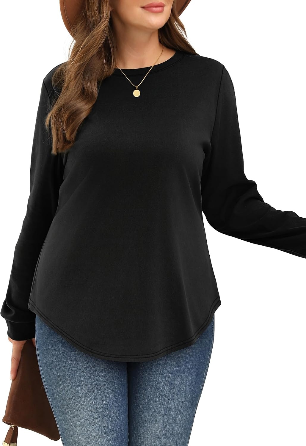 image:imageWIHOLL Womens Sweatshirts No Hood Cozy Sweaters Pullover Long Sleeve T Shirts Round Neck Tops Side Split Black S