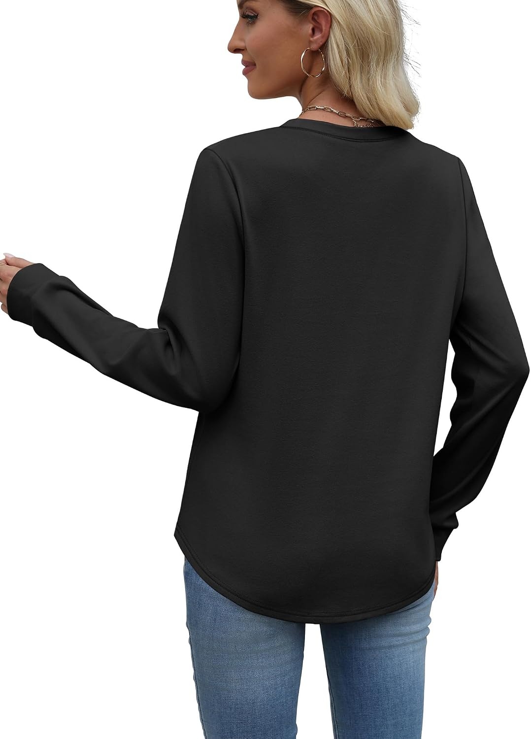 image:imageWIHOLL Womens Sweatshirts No Hood Cozy Sweaters Pullover Long Sleeve T Shirts Round Neck Tops Side Split Black S