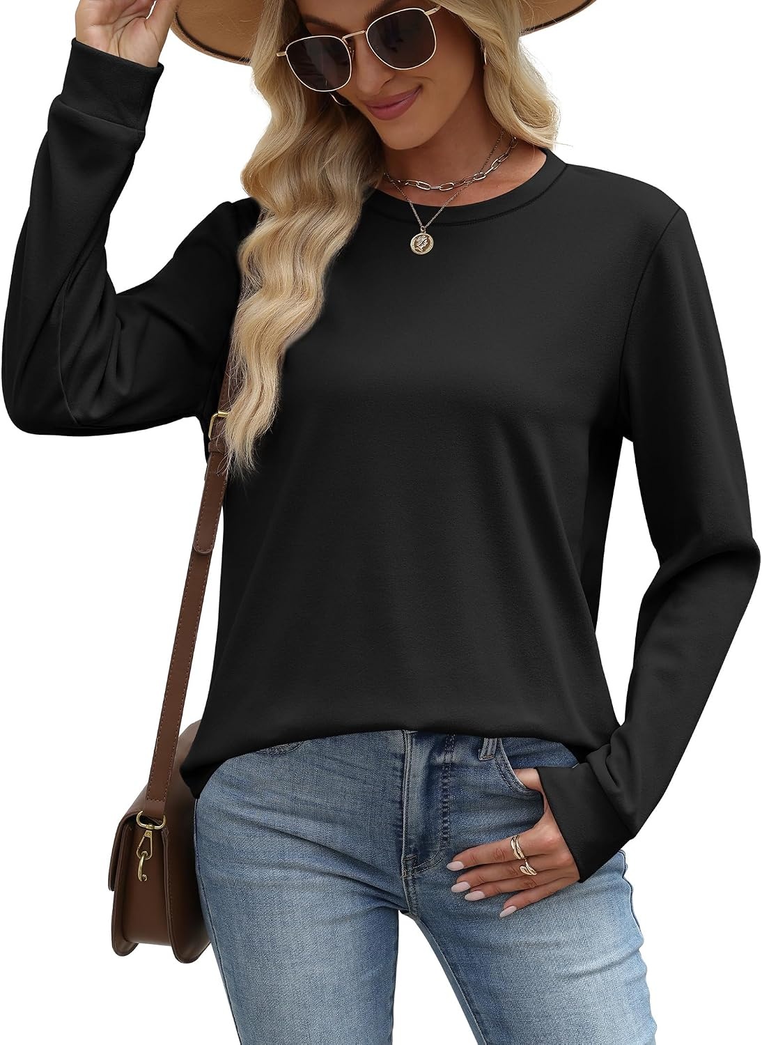 image:imageWIHOLL Womens Sweatshirts No Hood Cozy Sweaters Pullover Long Sleeve T Shirts Round Neck Tops Side Split Black S