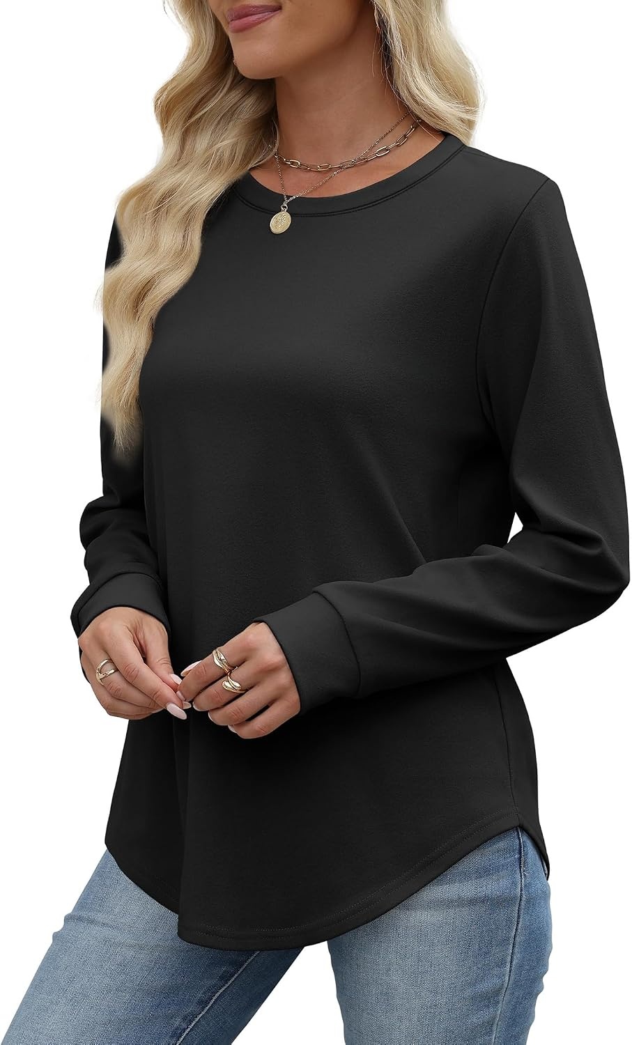 image:imageWIHOLL Womens Sweatshirts No Hood Cozy Sweaters Pullover Long Sleeve T Shirts Round Neck Tops Side Split Black S