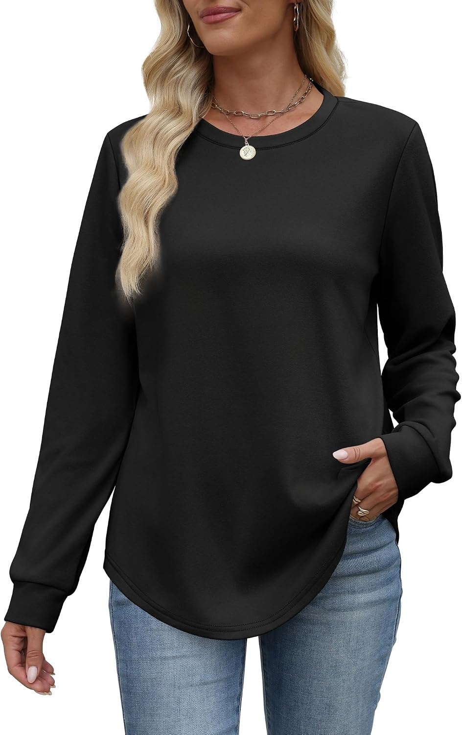 image:imageWIHOLL Womens Sweatshirts No Hood Cozy Sweaters Pullover Long Sleeve T Shirts Round Neck Tops Side Split Black S