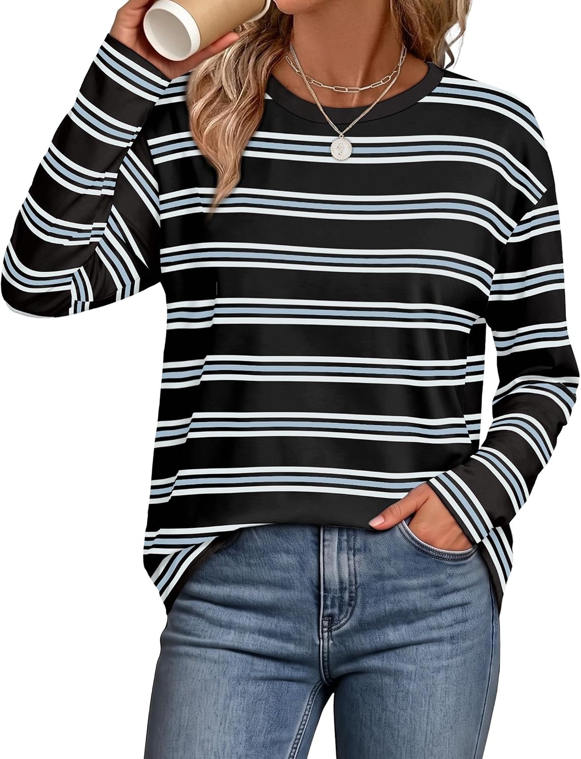 image:imageWiholl Long Sleeve Shirts for Women Stripe Tops Loose Oversized Fall OutfitBlack White Blue