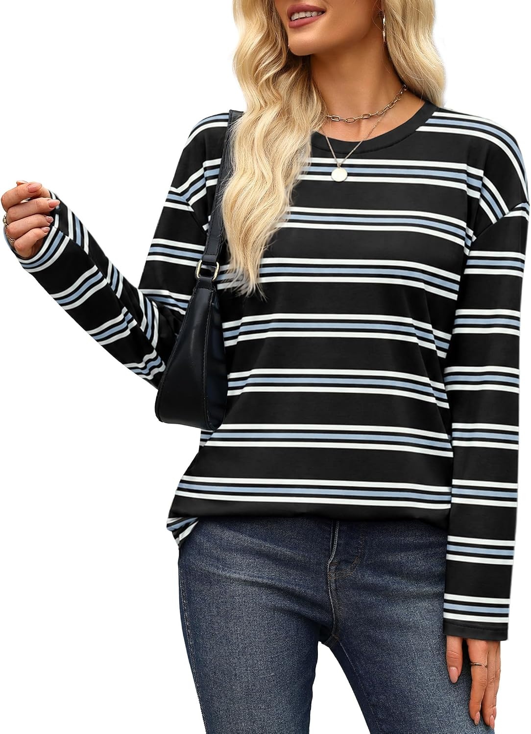 image:imageWiholl Long Sleeve Shirts for Women Stripe Tops Loose Oversized Fall OutfitBlack White Blue