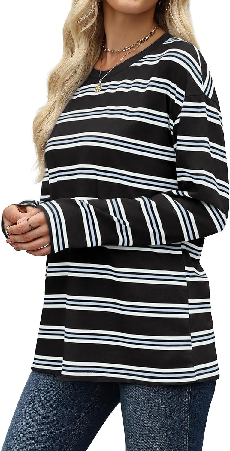 image:imageWiholl Long Sleeve Shirts for Women Stripe Tops Loose Oversized Fall OutfitBlack White Blue