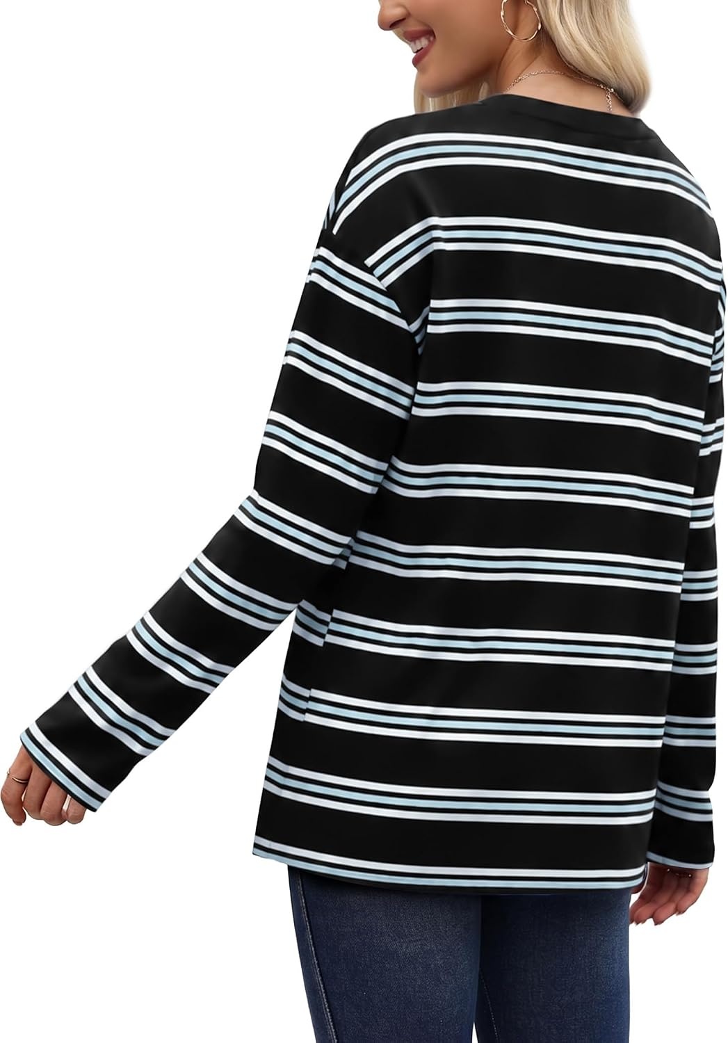 image:imageWiholl Long Sleeve Shirts for Women Stripe Tops Loose Oversized Fall OutfitBlack White Blue