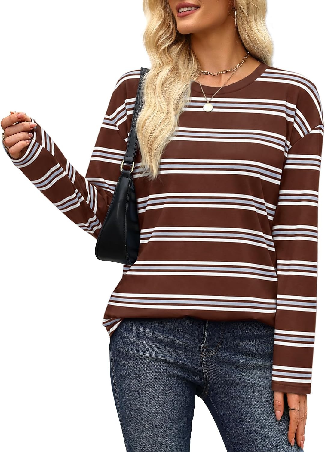 image:imageWiholl Long Sleeve Shirts for Women Stripe Tops Loose Oversized Fall OutfitBrown White Blue
