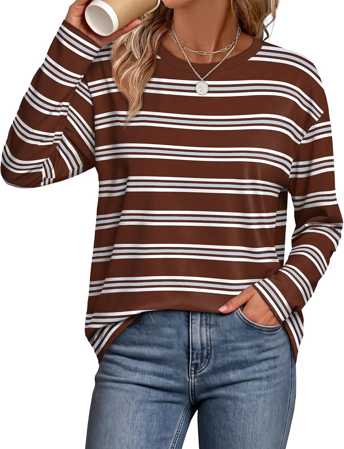 image:imageWiholl Long Sleeve Shirts for Women Stripe Tops Loose Oversized Fall OutfitBrown White Blue