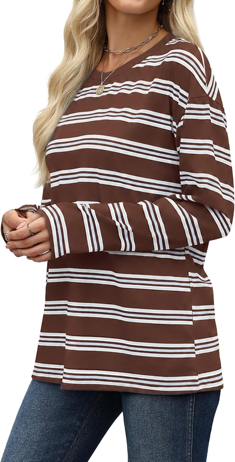 image:imageWiholl Long Sleeve Shirts for Women Stripe Tops Loose Oversized Fall OutfitBrown White Blue