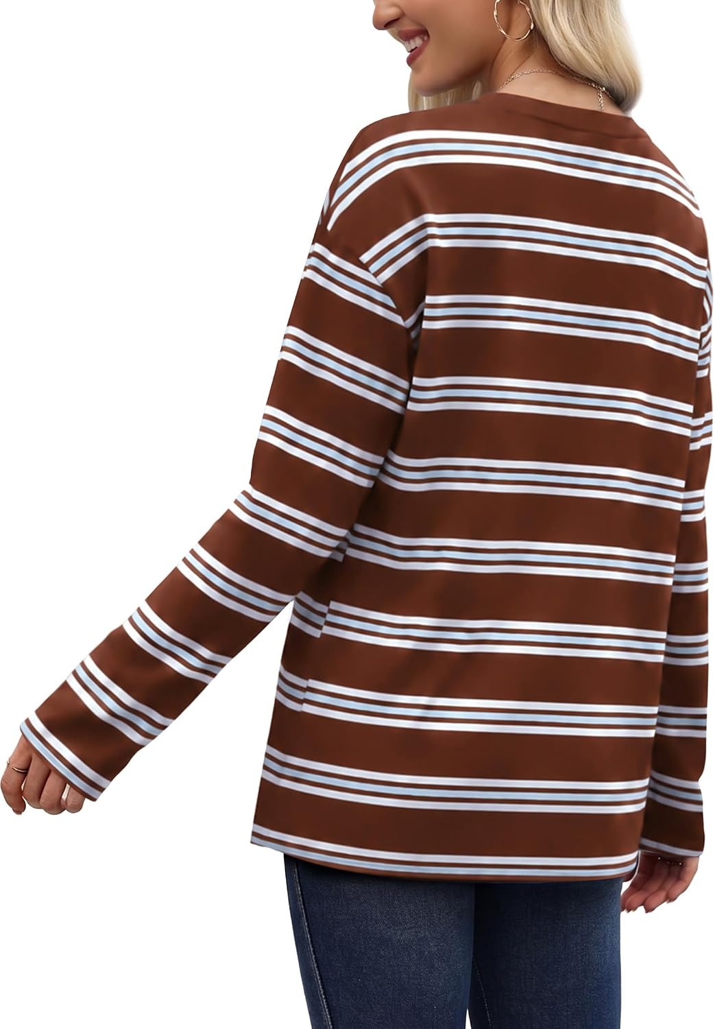 image:imageWiholl Long Sleeve Shirts for Women Stripe Tops Loose Oversized Fall OutfitBrown White Blue