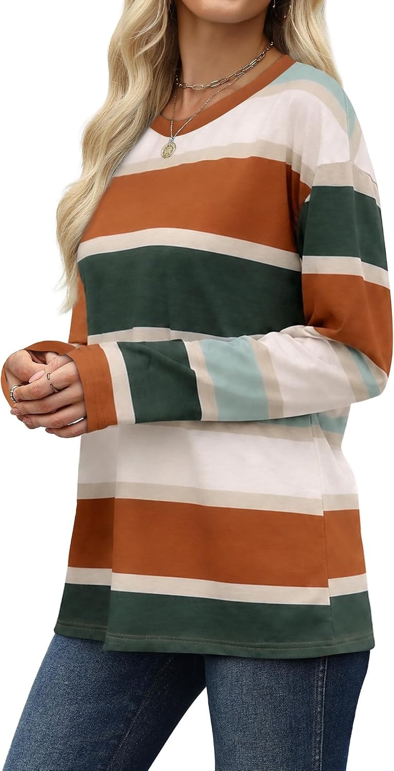 image:imageWiholl Long Sleeve Shirts for Women Stripe Tops Loose Oversized Fall OutfitCaramel Green