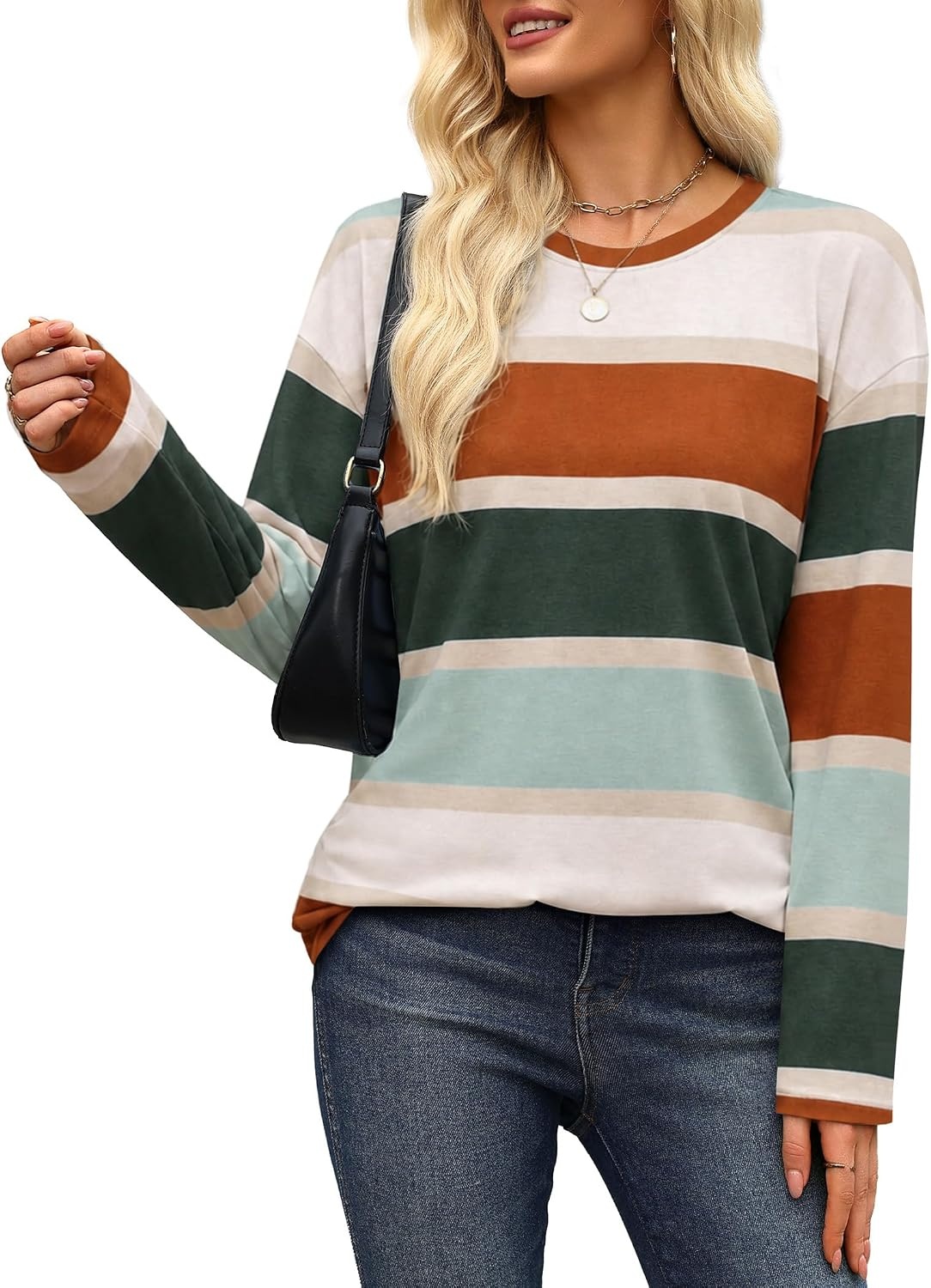 image:imageWiholl Long Sleeve Shirts for Women Stripe Tops Loose Oversized Fall OutfitCaramel Green