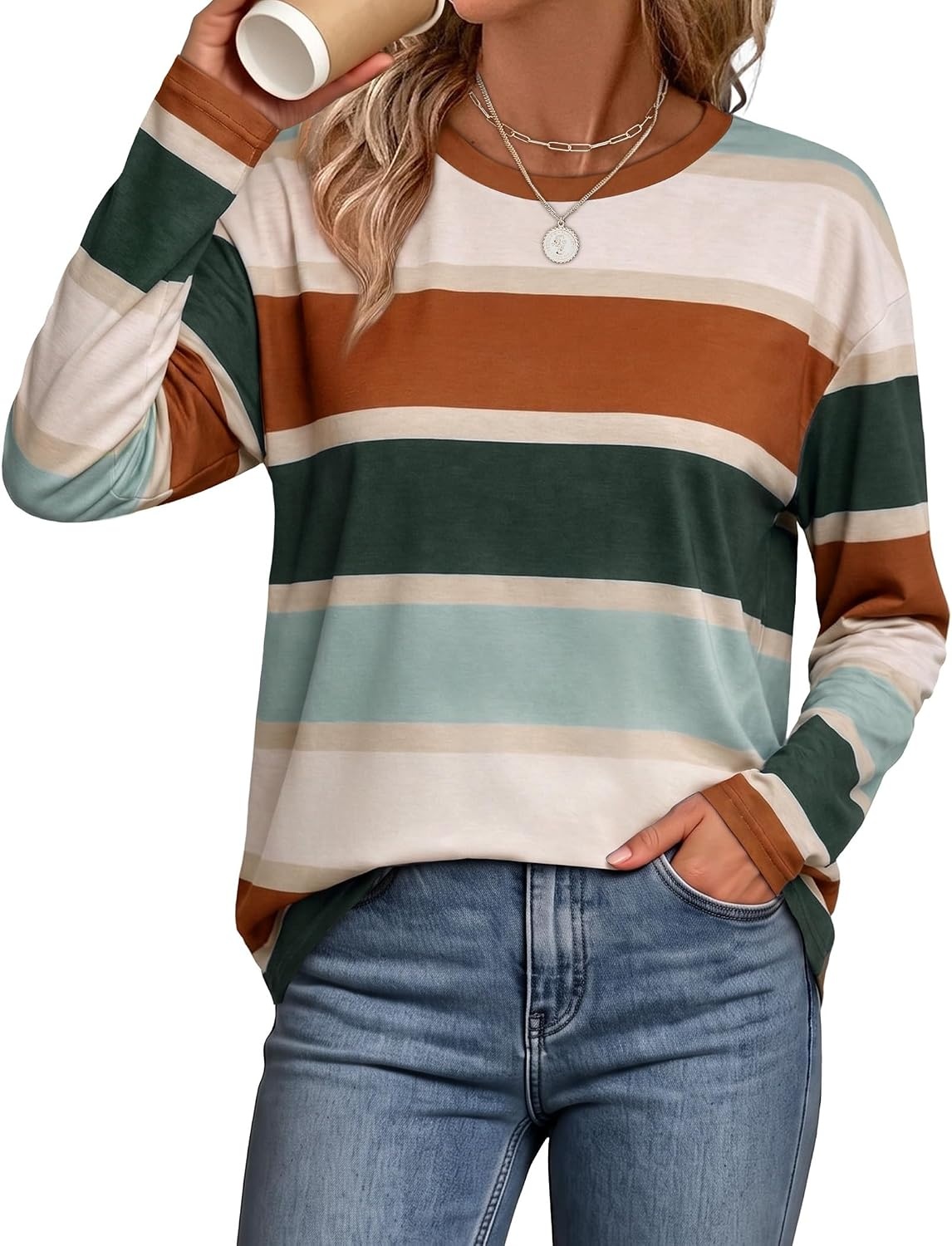 image:imageWiholl Long Sleeve Shirts for Women Stripe Tops Loose Oversized Fall OutfitCaramel Green