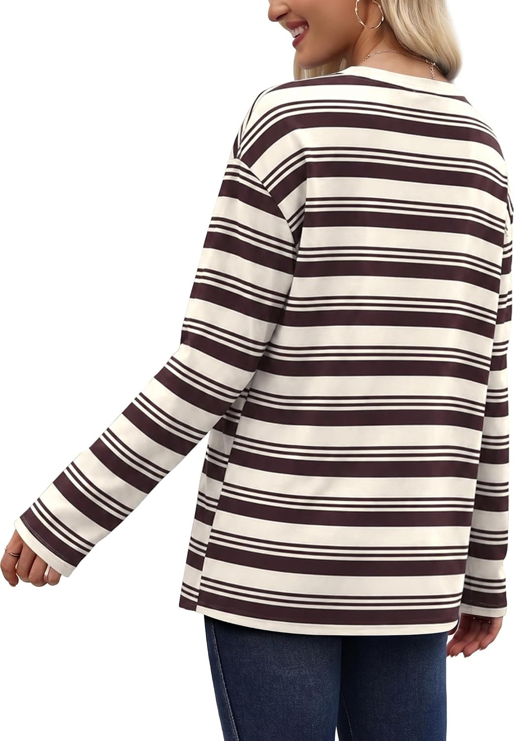 image:imageWiholl Long Sleeve Shirts for Women Stripe Tops Loose Oversized Fall OutfitCoffe White Apricot