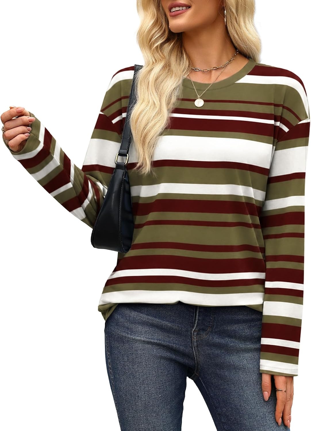 image:imageWiholl Long Sleeve Shirts for Women Stripe Tops Loose Oversized Fall OutfitGreen Brown
