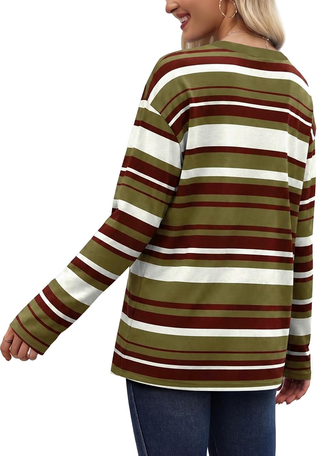 image:imageWiholl Long Sleeve Shirts for Women Stripe Tops Loose Oversized Fall OutfitGreen Brown