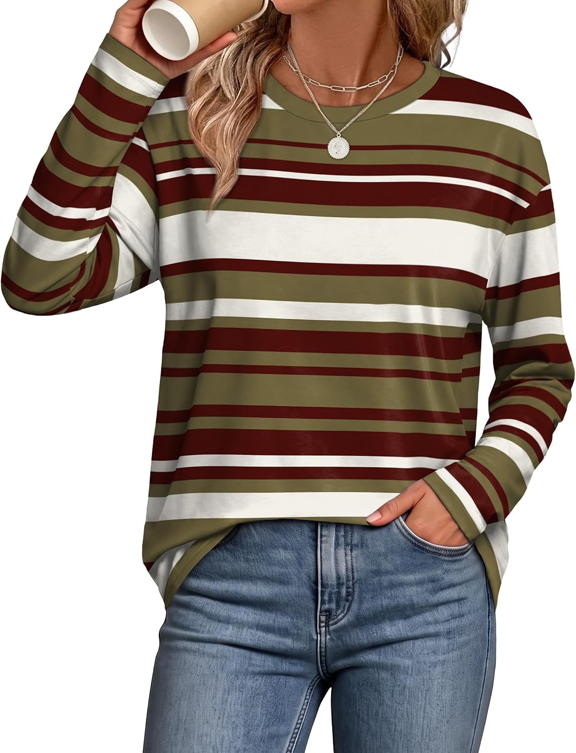image:imageWiholl Long Sleeve Shirts for Women Stripe Tops Loose Oversized Fall OutfitGreen Brown