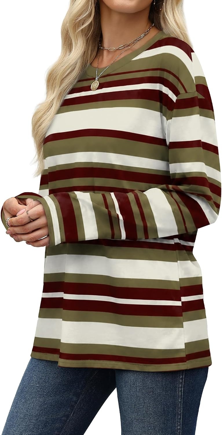 image:imageWiholl Long Sleeve Shirts for Women Stripe Tops Loose Oversized Fall OutfitGreen Brown