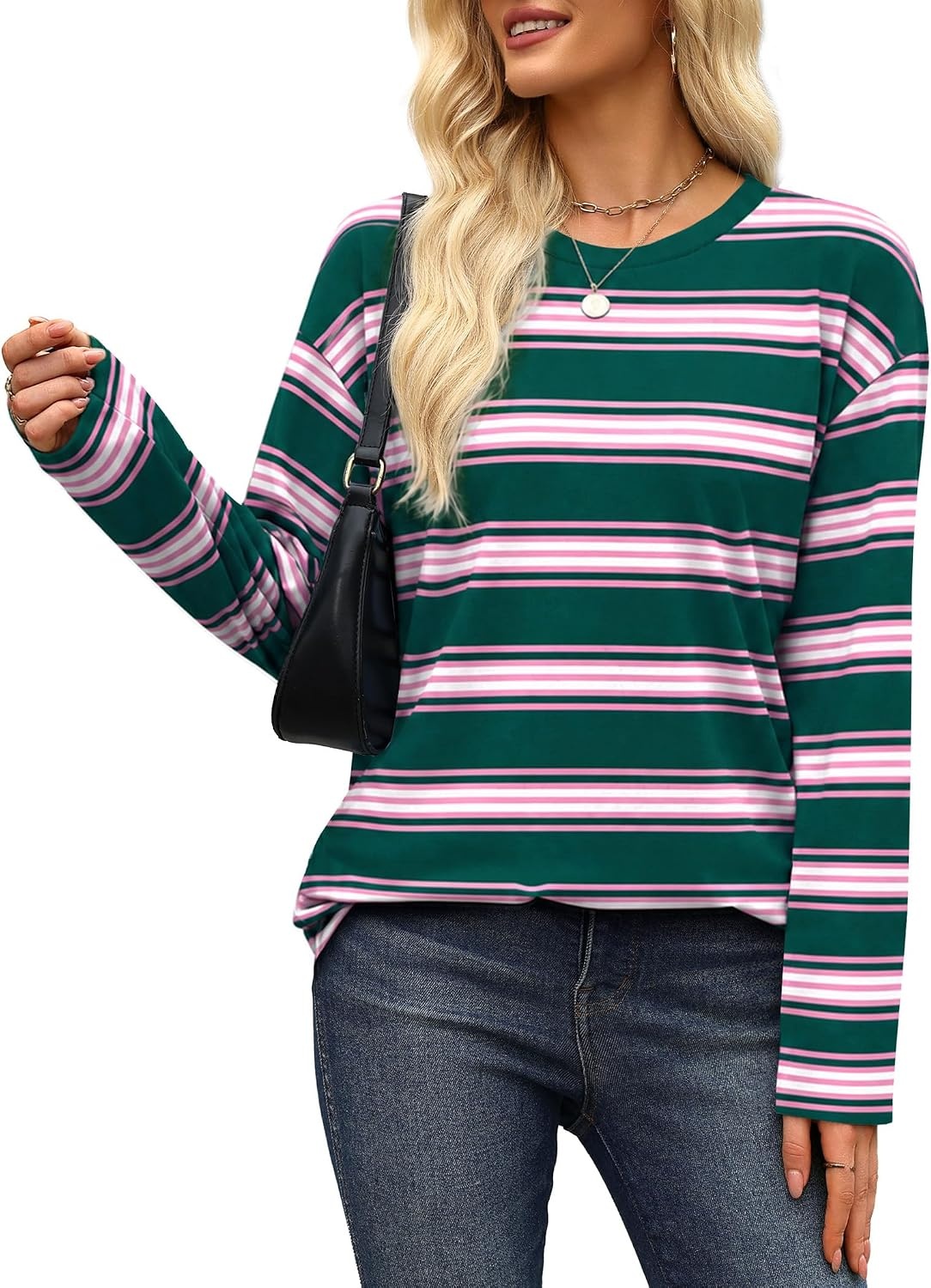 image:imageWiholl Long Sleeve Shirts for Women Stripe Tops Loose Oversized Fall OutfitGreen Pink