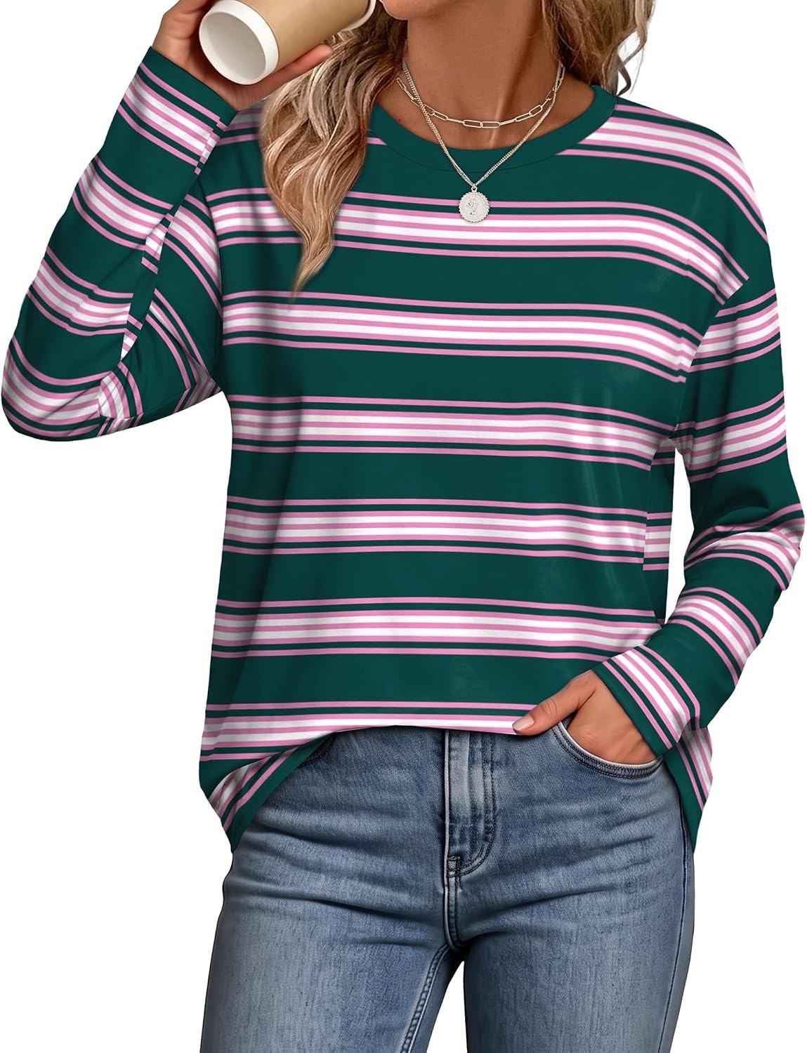 image:imageWiholl Long Sleeve Shirts for Women Stripe Tops Loose Oversized Fall OutfitGreen Pink