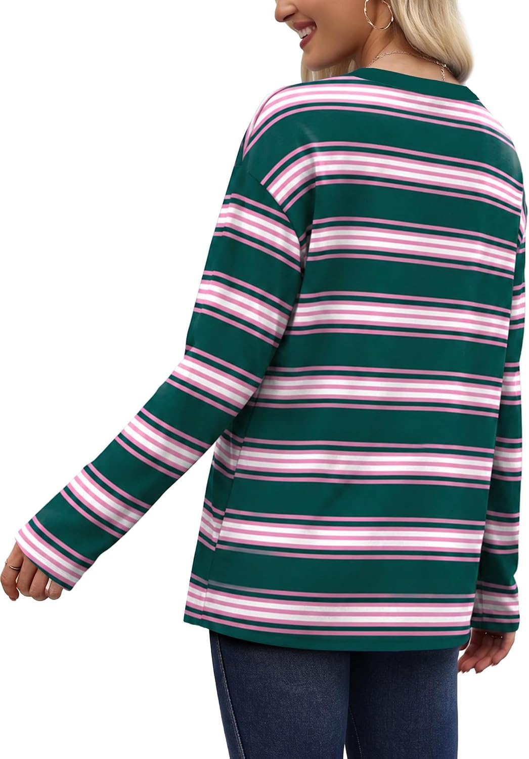 image:imageWiholl Long Sleeve Shirts for Women Stripe Tops Loose Oversized Fall OutfitGreen Pink