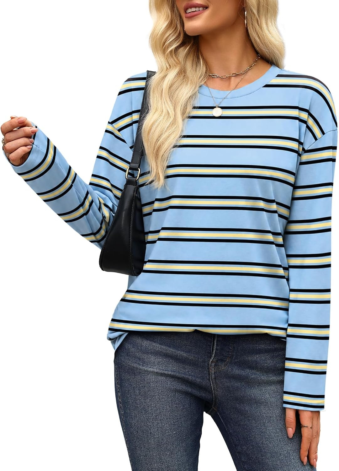 image:imageWiholl Long Sleeve Shirts for Women Stripe Tops Loose Oversized Fall OutfitLight Blue Black