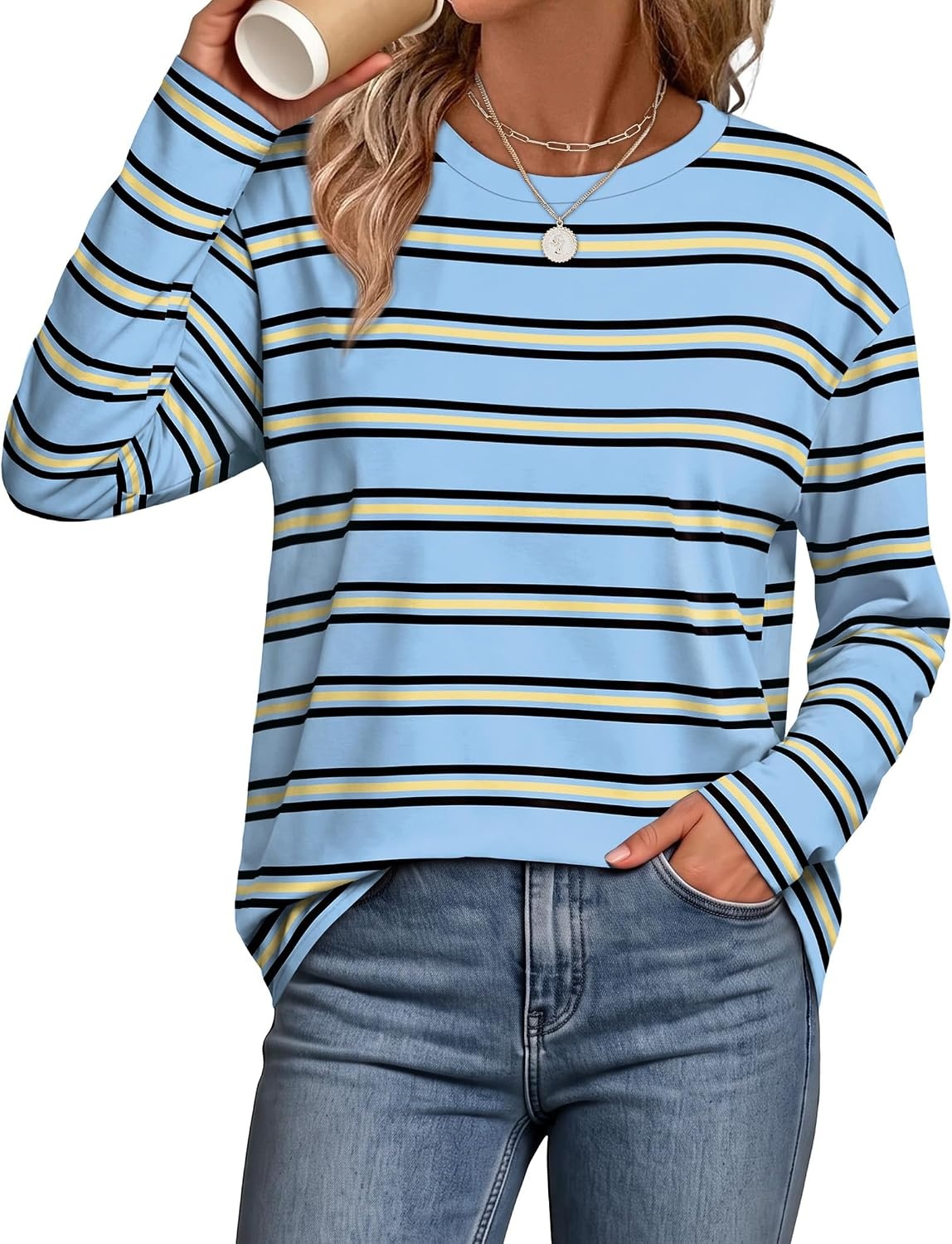 image:imageWiholl Long Sleeve Shirts for Women Stripe Tops Loose Oversized Fall OutfitLight Blue Black