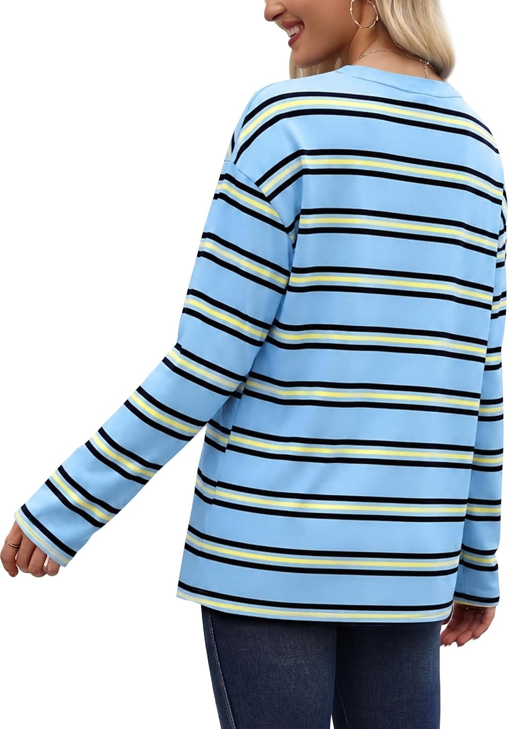 image:imageWiholl Long Sleeve Shirts for Women Stripe Tops Loose Oversized Fall OutfitLight Blue Black