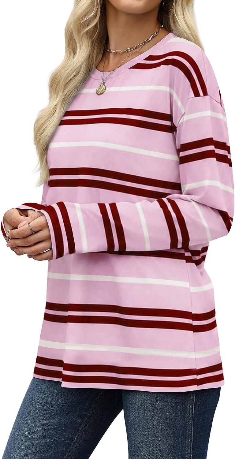 image:imageWiholl Long Sleeve Shirts for Women Stripe Tops Loose Oversized Fall OutfitPink White Brown