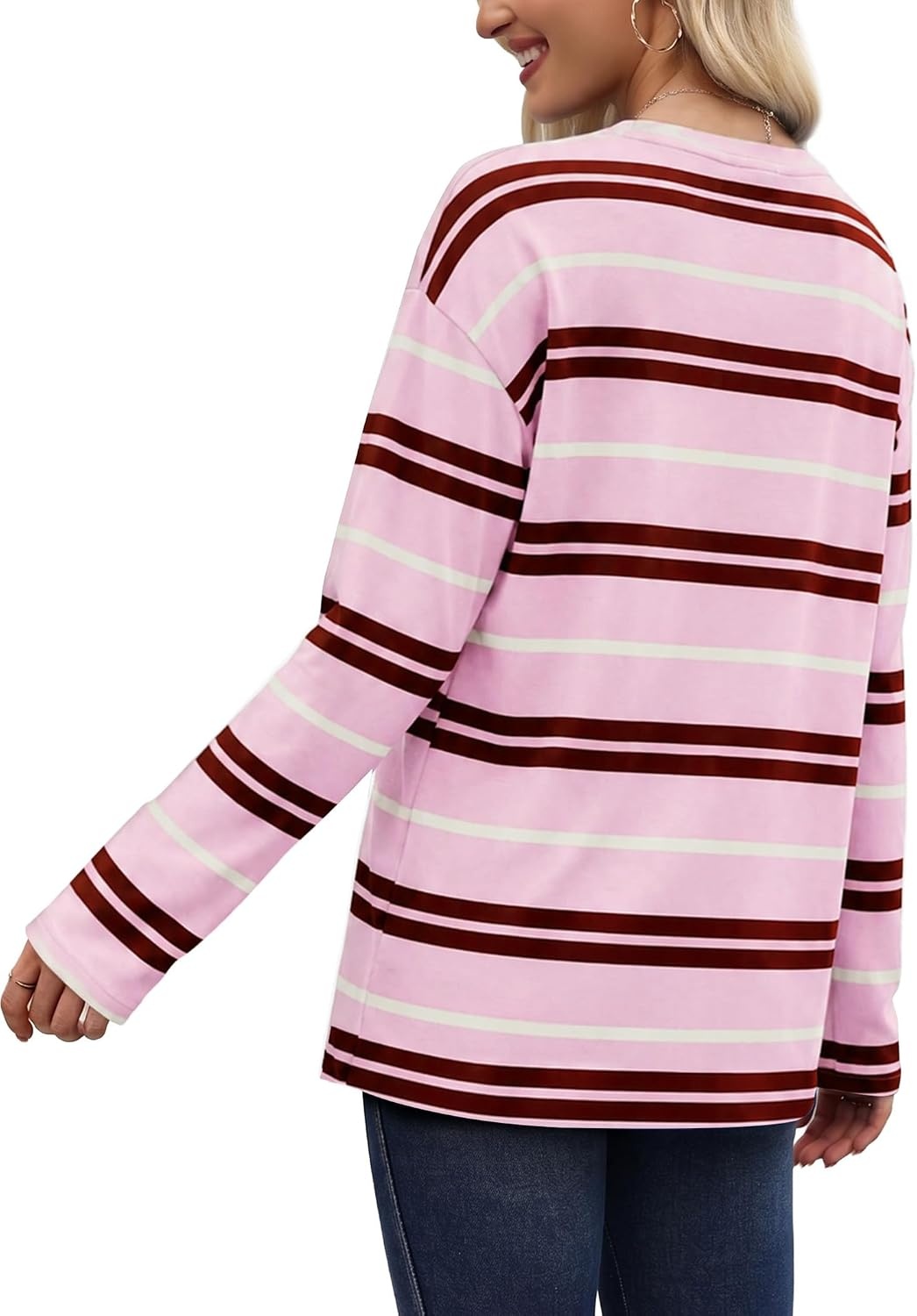 image:imageWiholl Long Sleeve Shirts for Women Stripe Tops Loose Oversized Fall OutfitPink White Brown