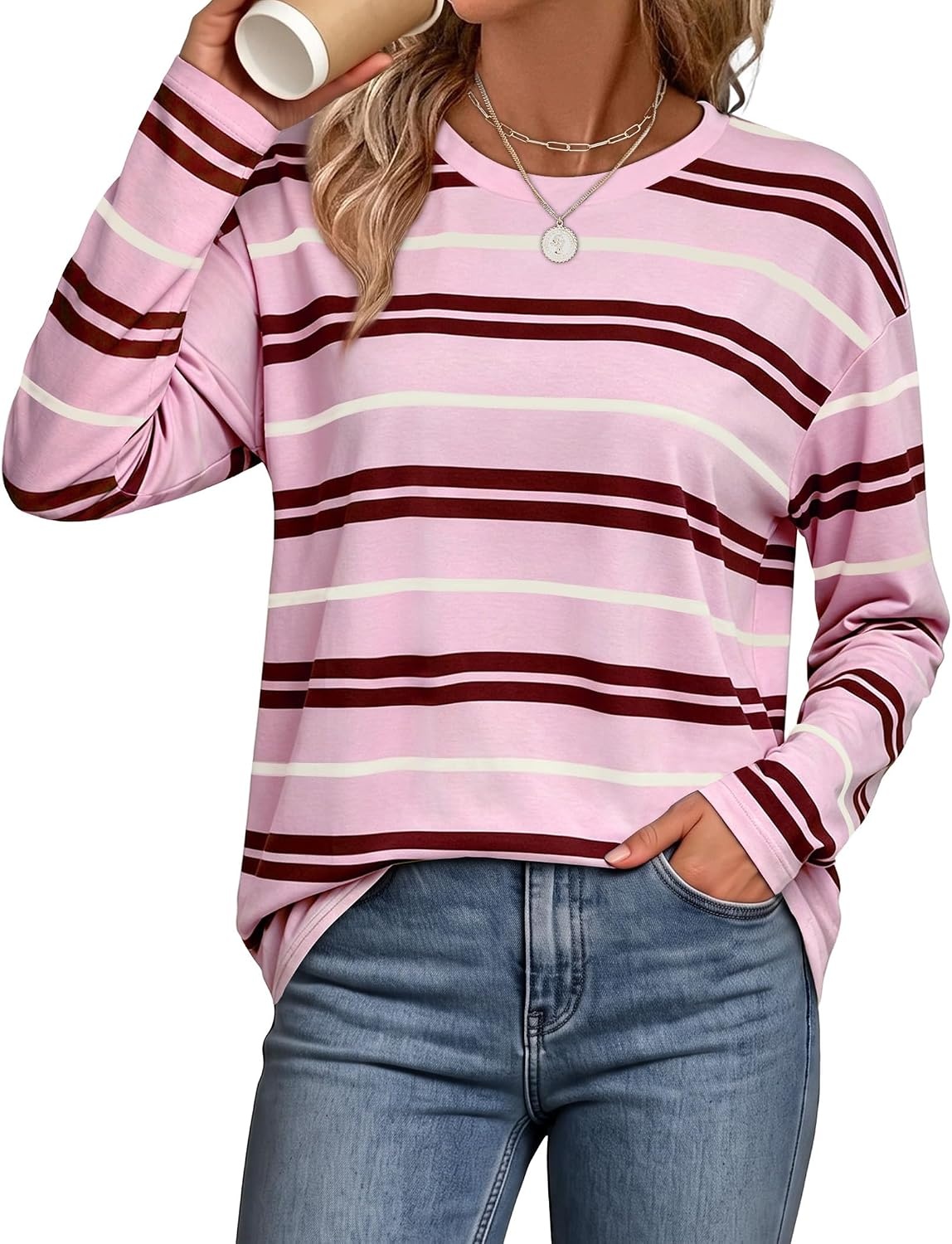 image:imageWiholl Long Sleeve Shirts for Women Stripe Tops Loose Oversized Fall OutfitPink White Brown