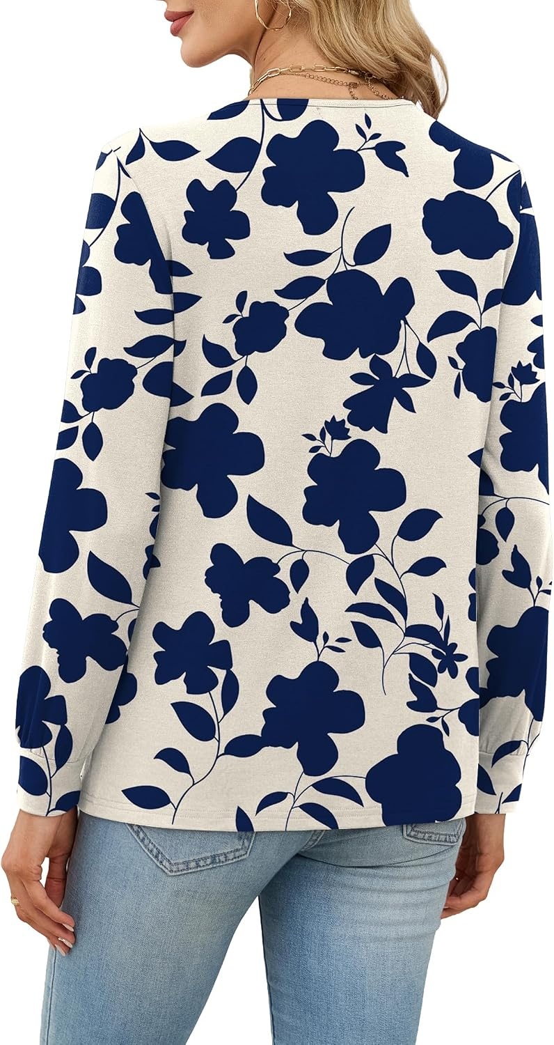 image:imageWiholl V Neck Long Sleeve Shirts Womens Tops Dressy Casual Fall OutfitsApricot Blue Floral