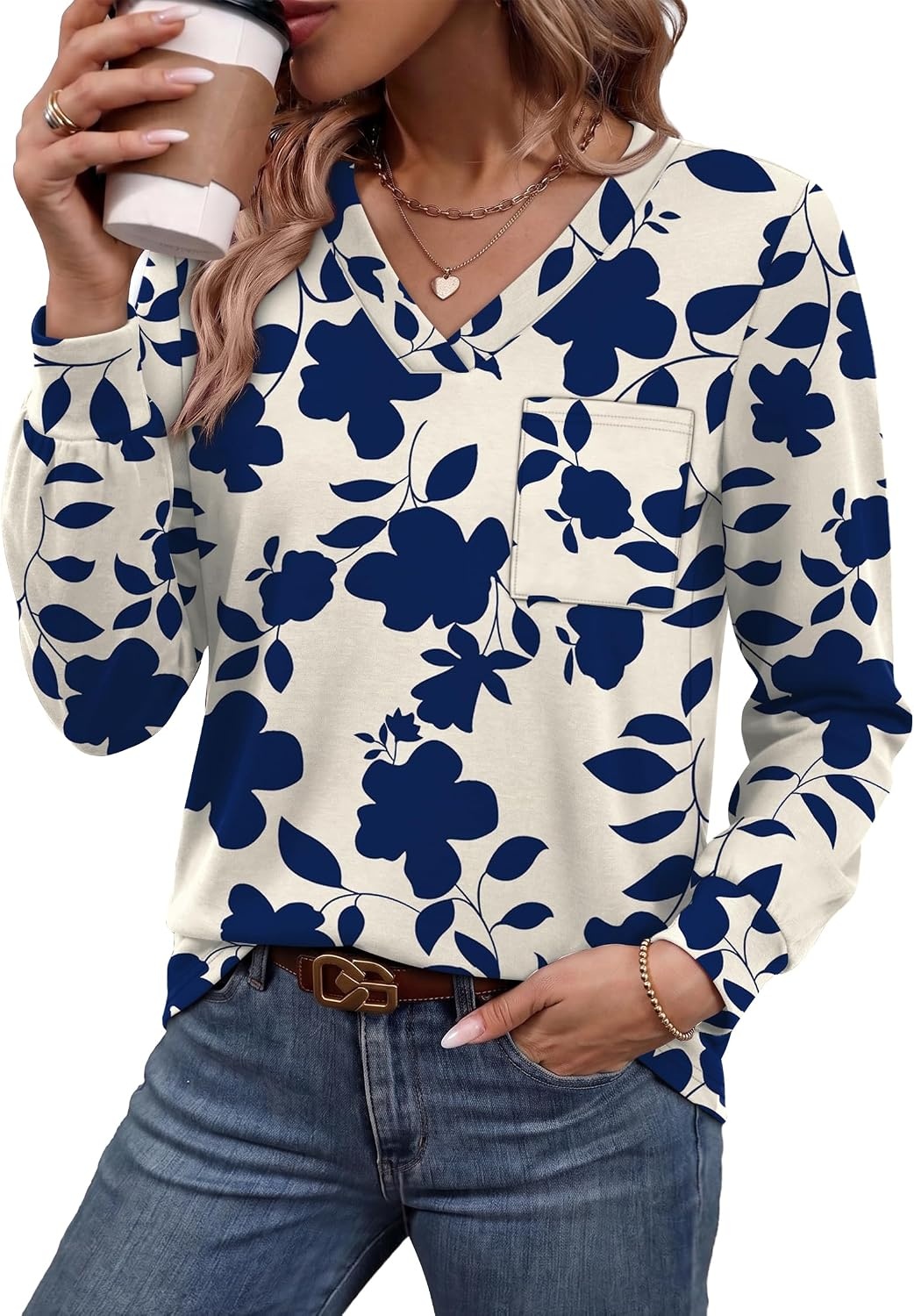 image:imageWiholl V Neck Long Sleeve Shirts Womens Tops Dressy Casual Fall OutfitsApricot Blue Floral