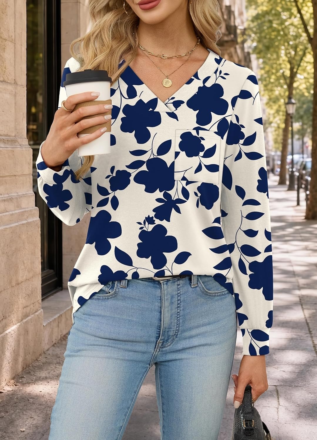 image:imageWiholl V Neck Long Sleeve Shirts Womens Tops Dressy Casual Fall OutfitsApricot Blue Floral