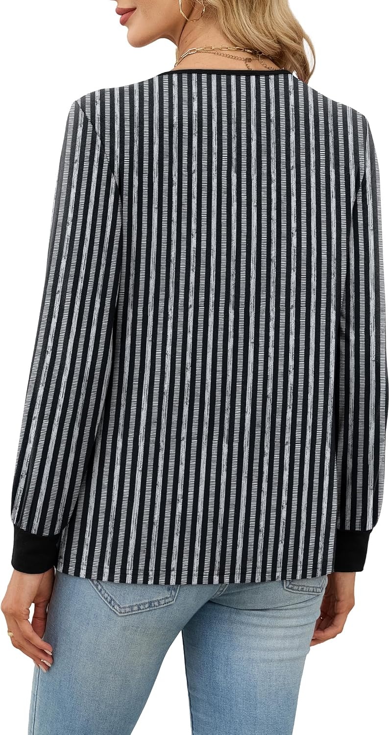image:imageWiholl V Neck Long Sleeve Shirts Womens Tops Dressy Casual Fall OutfitsBlack White Grey Stripe