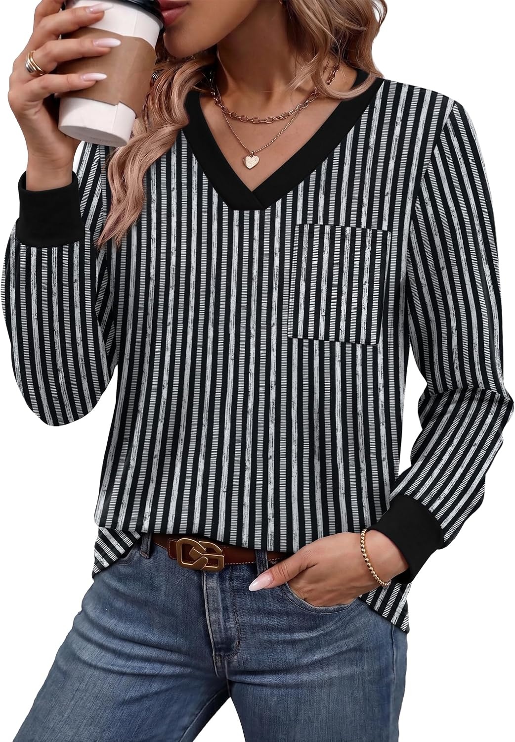 image:imageWiholl V Neck Long Sleeve Shirts Womens Tops Dressy Casual Fall OutfitsBlack White Grey Stripe