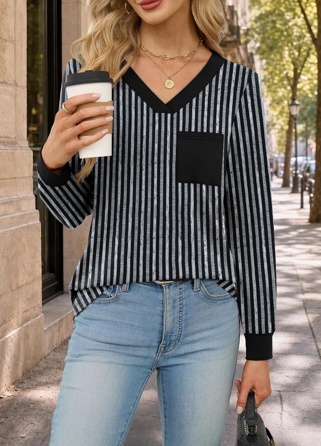 image:imageWiholl V Neck Long Sleeve Shirts Womens Tops Dressy Casual Fall OutfitsBlack White Grey Stripe