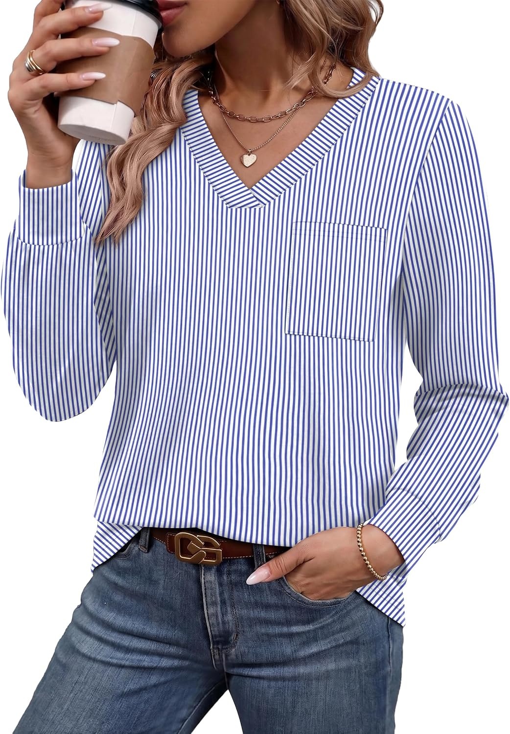 image:imageWiholl V Neck Long Sleeve Shirts Womens Tops Dressy Casual Fall OutfitsBlue White Stripe