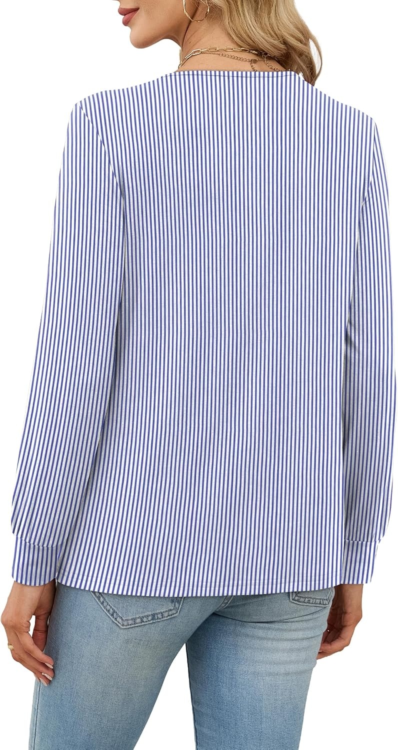 image:imageWiholl V Neck Long Sleeve Shirts Womens Tops Dressy Casual Fall OutfitsBlue White Stripe