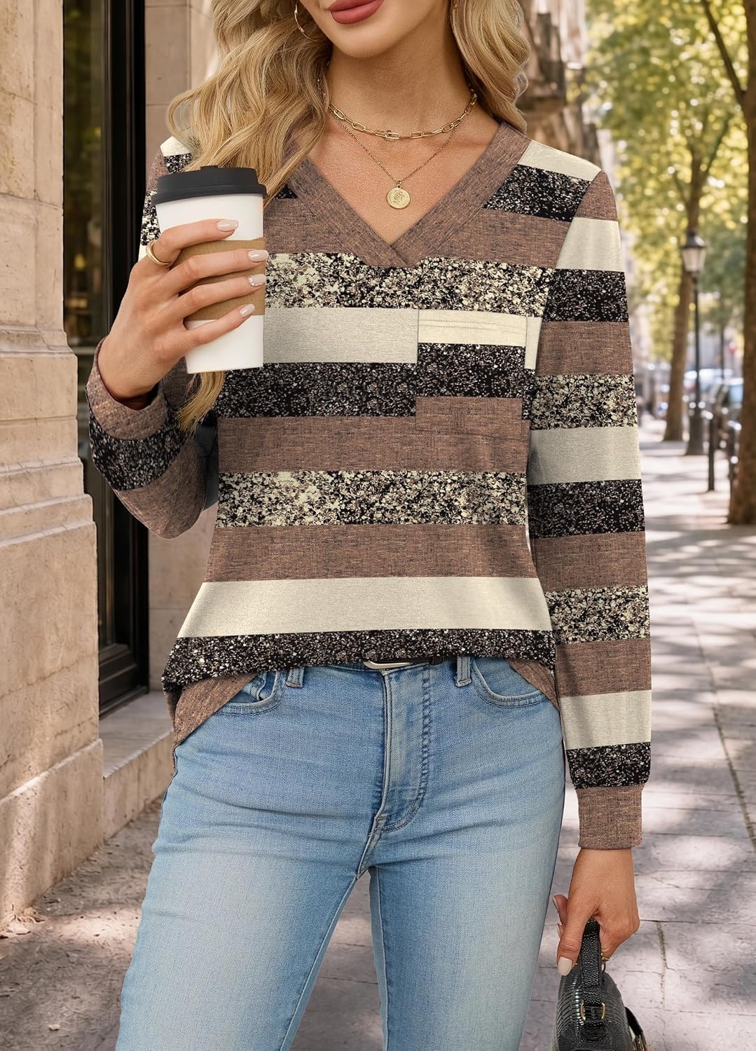 image:imageWiholl V Neck Long Sleeve Shirts Womens Tops Dressy Casual Fall OutfitsBrown Stripe