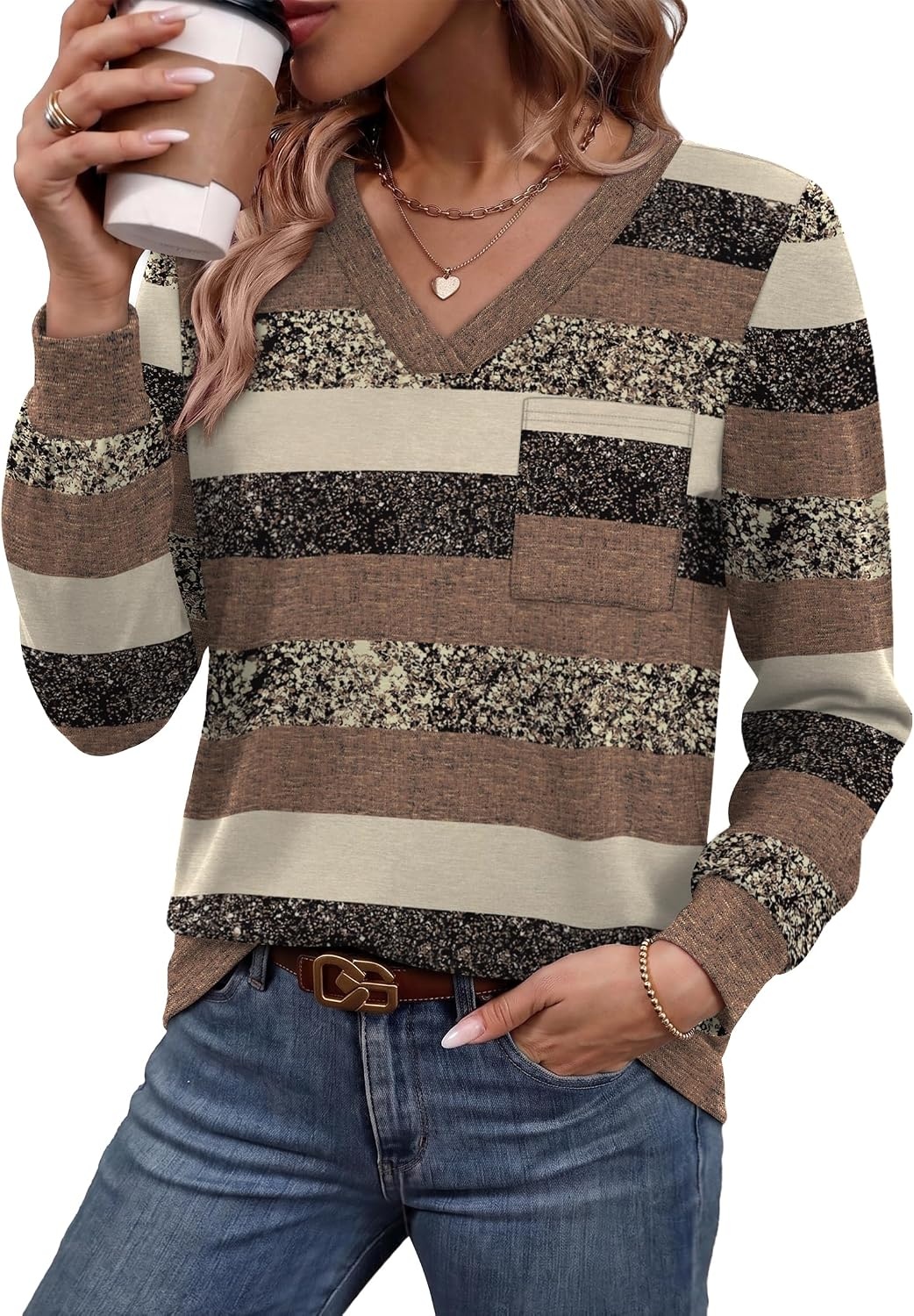 image:imageWiholl V Neck Long Sleeve Shirts Womens Tops Dressy Casual Fall OutfitsBrown Stripe