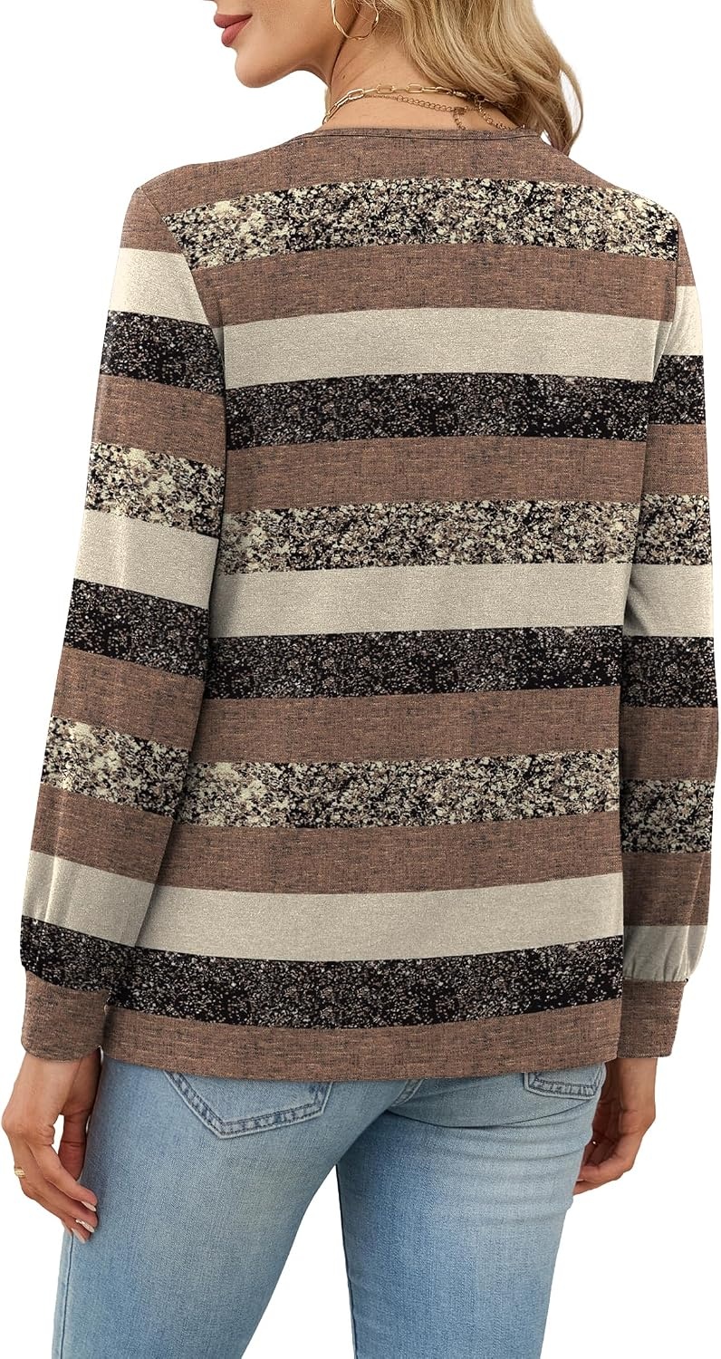 image:imageWiholl V Neck Long Sleeve Shirts Womens Tops Dressy Casual Fall OutfitsBrown Stripe