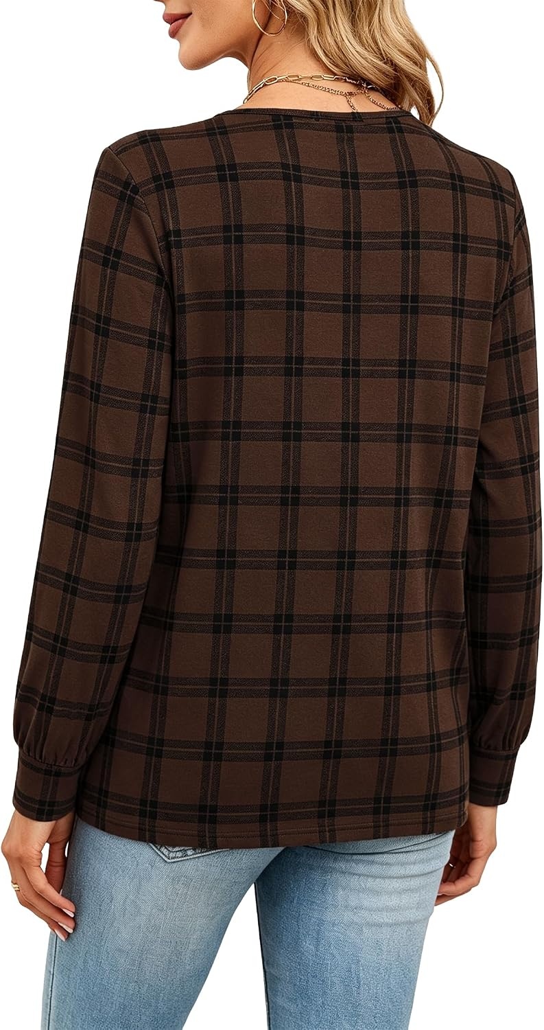image:imageWiholl V Neck Long Sleeve Shirts Womens Tops Dressy Casual Fall OutfitsChocolate Brown Plaid
