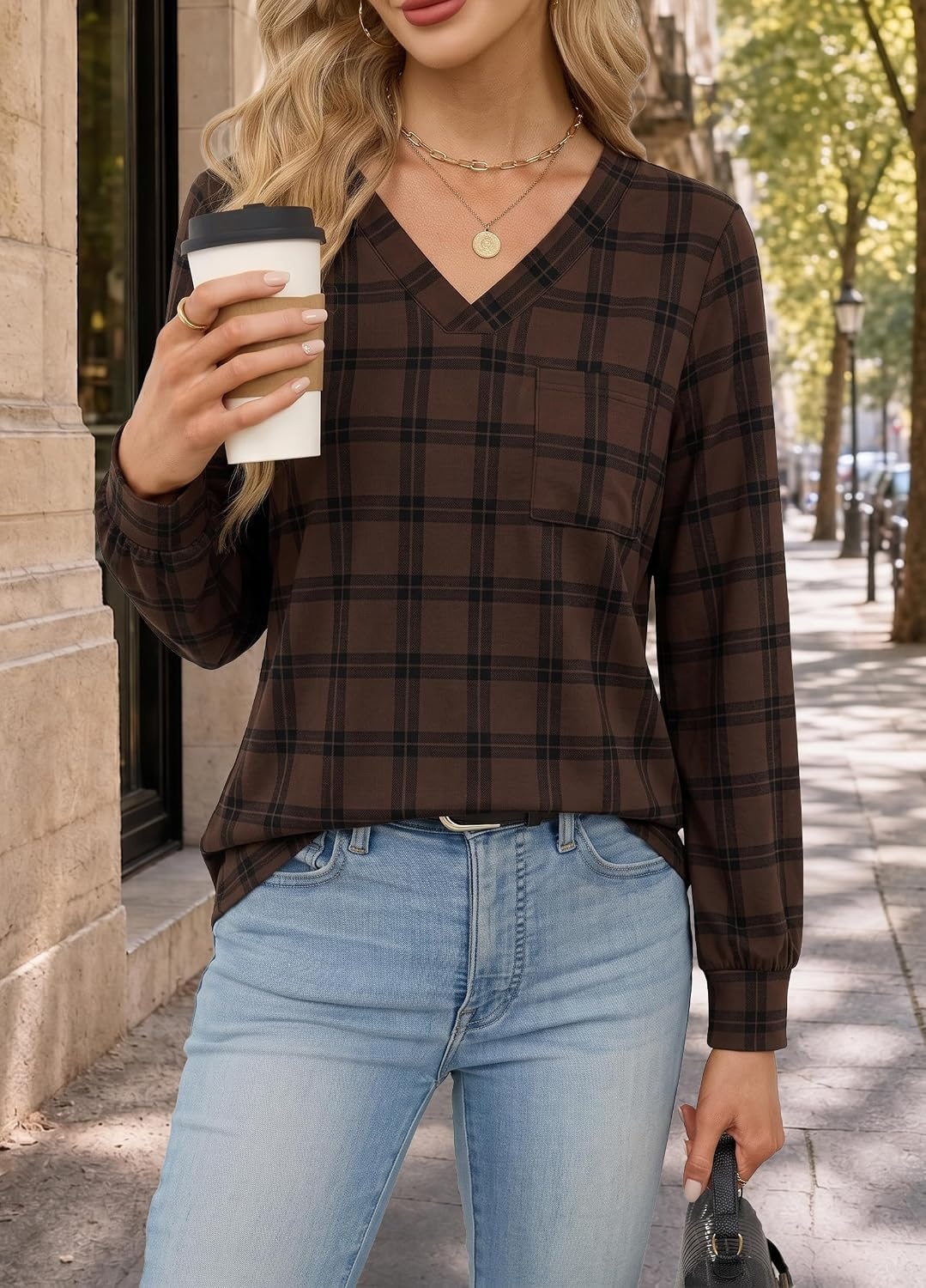 image:imageWiholl V Neck Long Sleeve Shirts Womens Tops Dressy Casual Fall OutfitsChocolate Brown Plaid