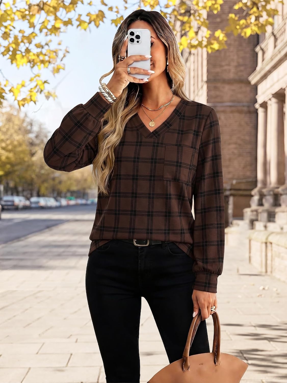 image:imageWiholl V Neck Long Sleeve Shirts Womens Tops Dressy Casual Fall OutfitsChocolate Brown Plaid