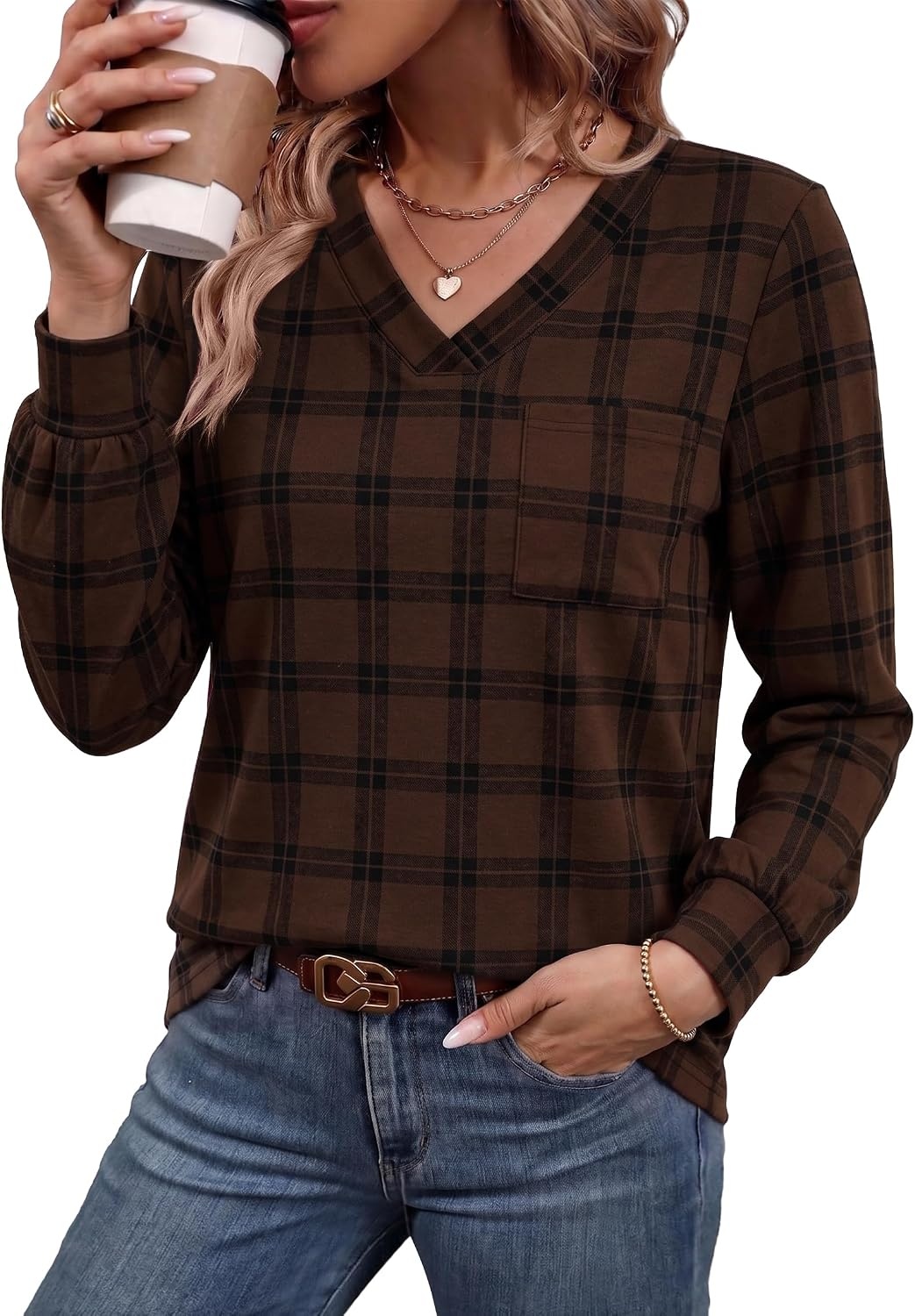 image:imageWiholl V Neck Long Sleeve Shirts Womens Tops Dressy Casual Fall OutfitsChocolate Brown Plaid