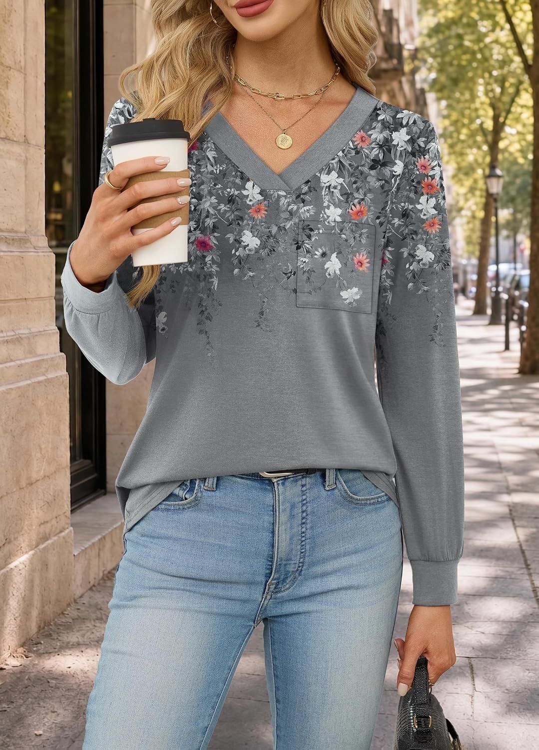 image:imageWiholl V Neck Long Sleeve Shirts Womens Tops Dressy Casual Fall OutfitsFloral Grey