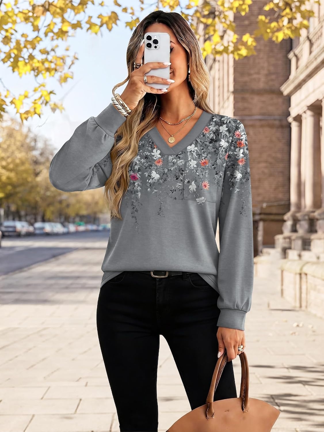 image:imageWiholl V Neck Long Sleeve Shirts Womens Tops Dressy Casual Fall OutfitsFloral Grey