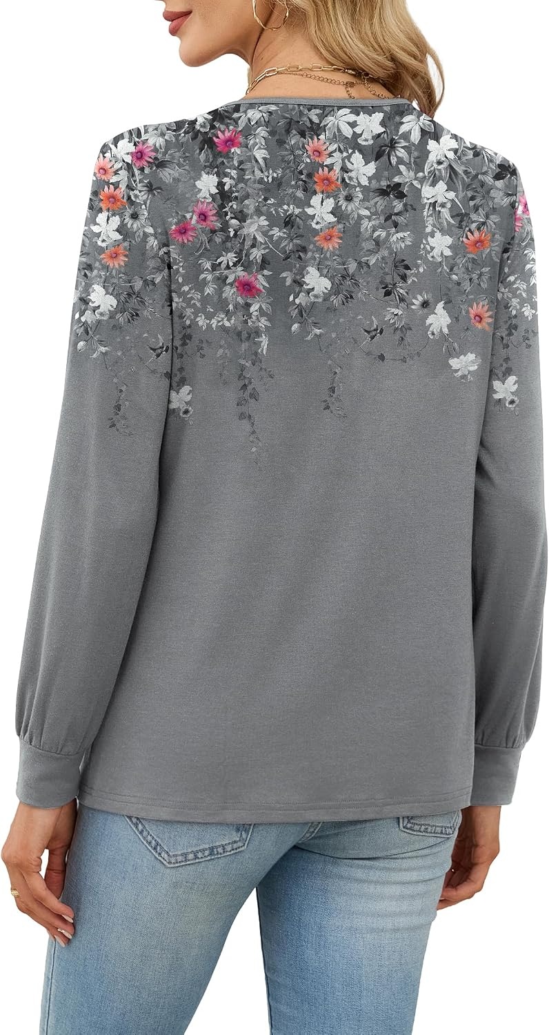 image:imageWiholl V Neck Long Sleeve Shirts Womens Tops Dressy Casual Fall OutfitsFloral Grey